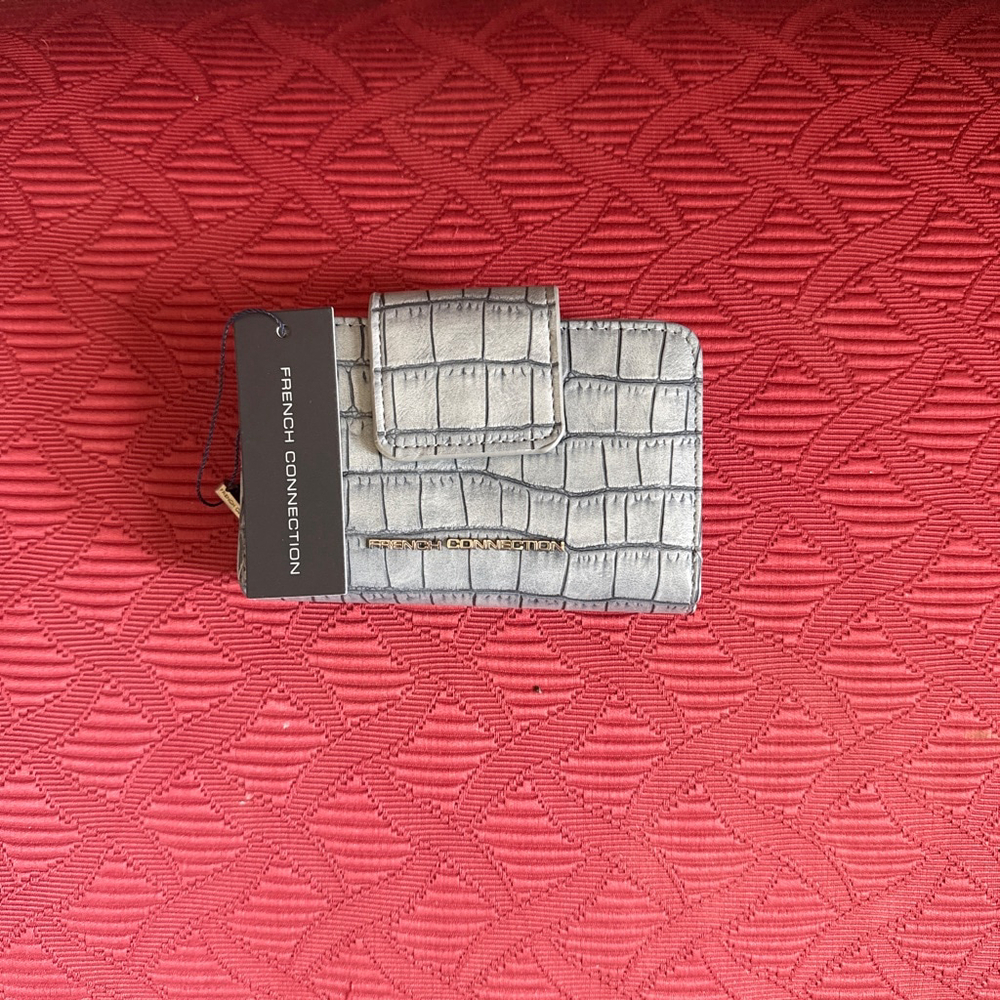 French Connection Emmy Denim Croco Fold Zipper Wallet with Silver Hardware